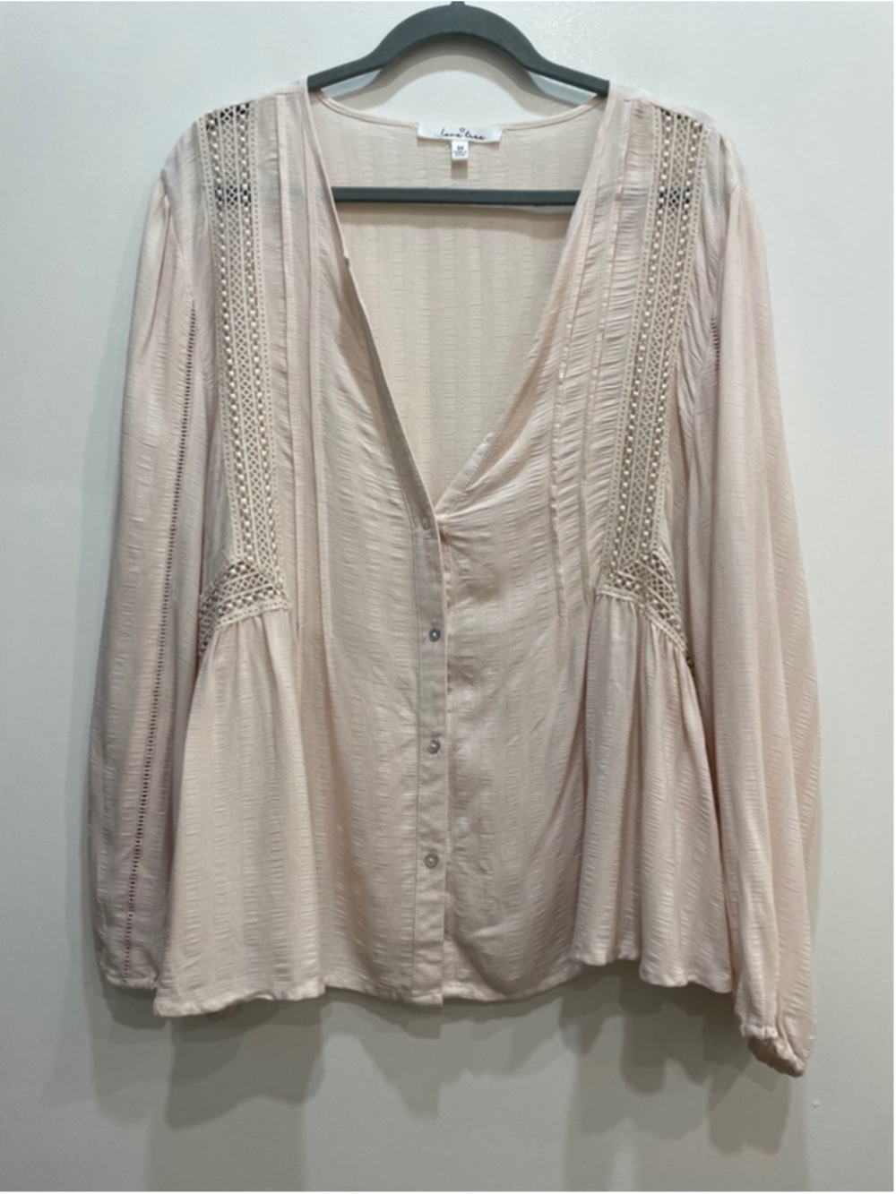 Love Tree Button Up Crochet Blouse Plus 3X Pink Cottagecore Boho Puff Sleeves